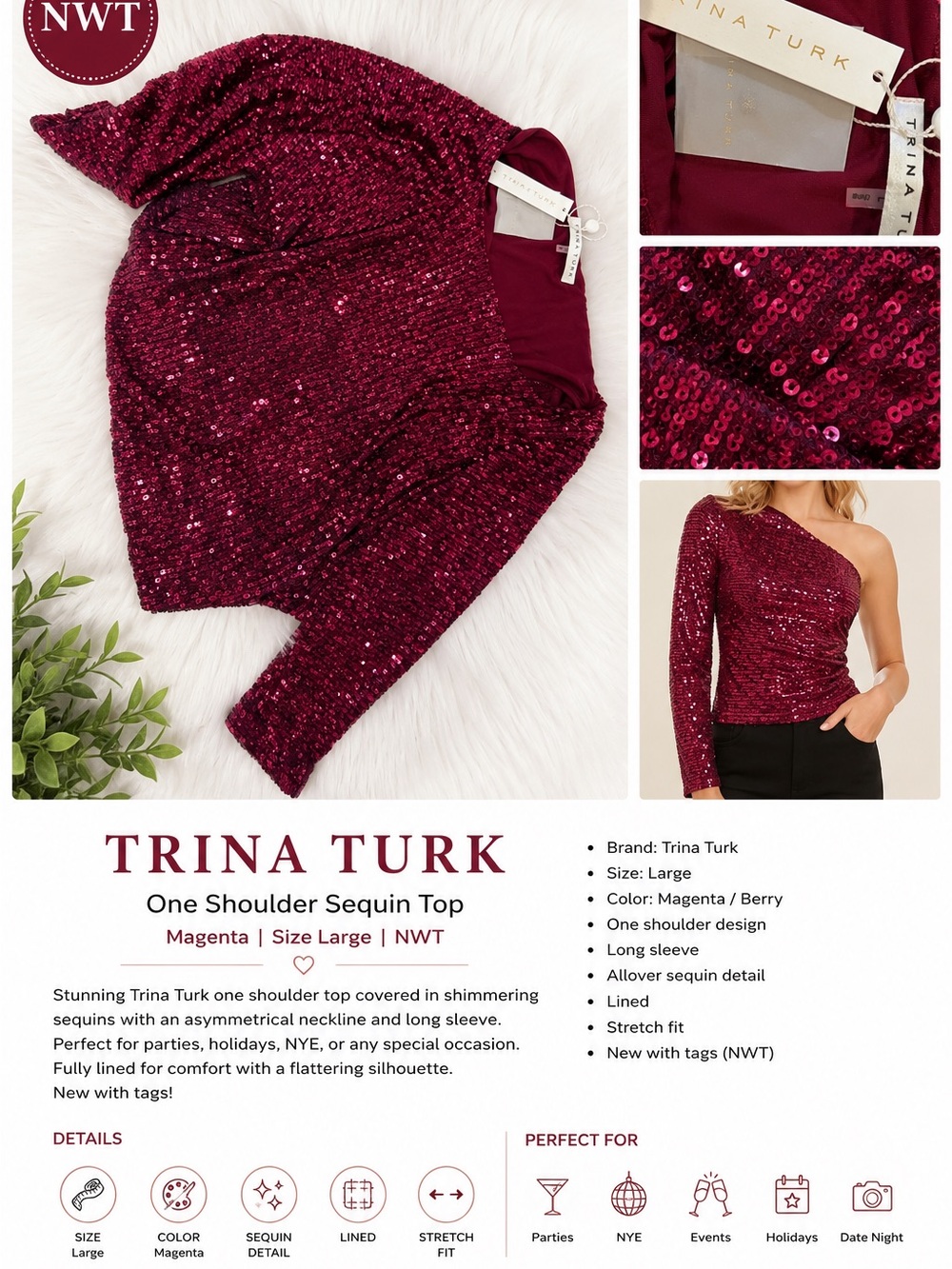 Trina Turk Magenta One-Shoulder Sequin Top